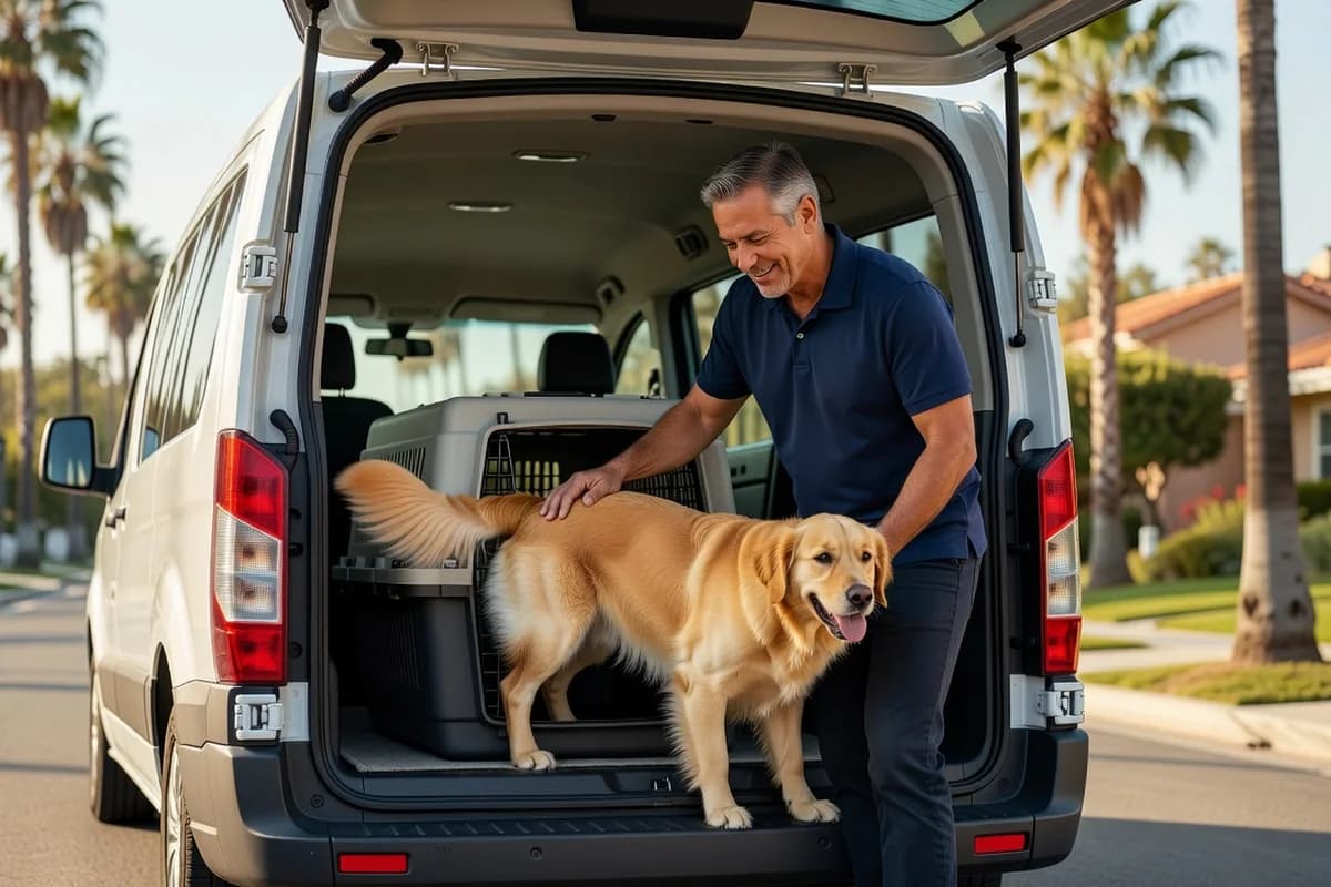 A TJ Mex Vet driver settling a golden retriever into a secure carrier in the back of a transport van on a Los Angeles street